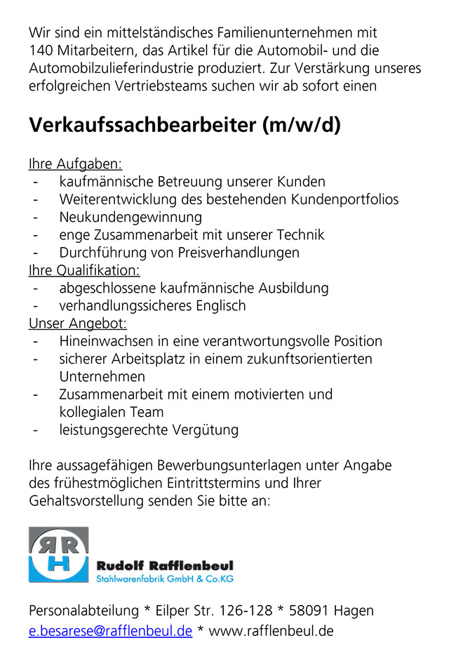 Verkaufssachbearbeiter (m/w/d) bei der Rudolf Rafflenbeul Stahlwarenfabrik GmbH & Co. KG